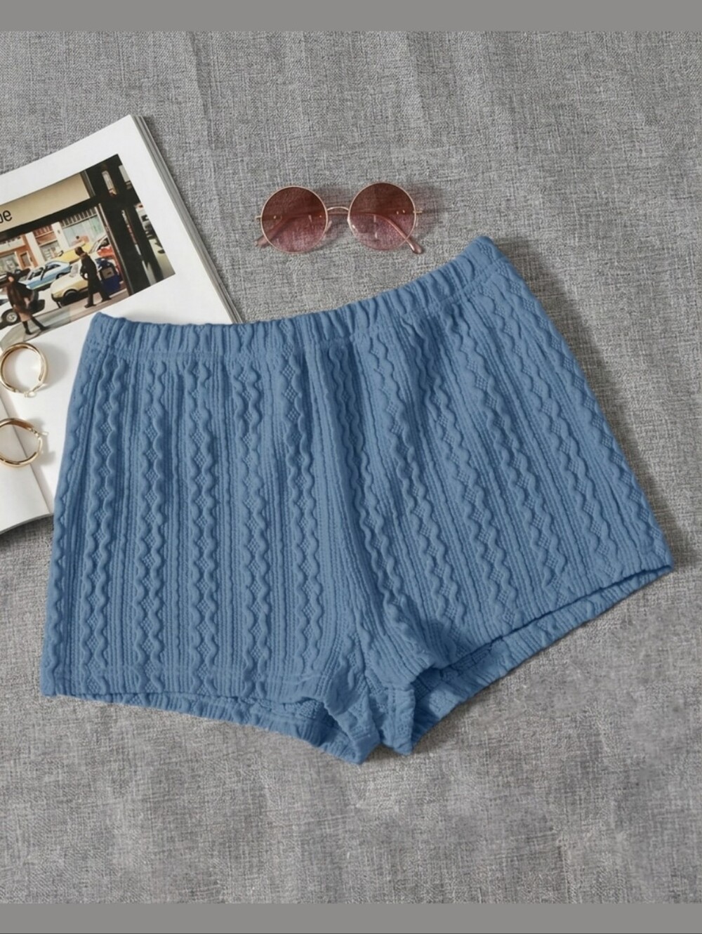 Shein Textured Rib Knit Shorts Casual Lounge Pull On Elastic High Waist Blue